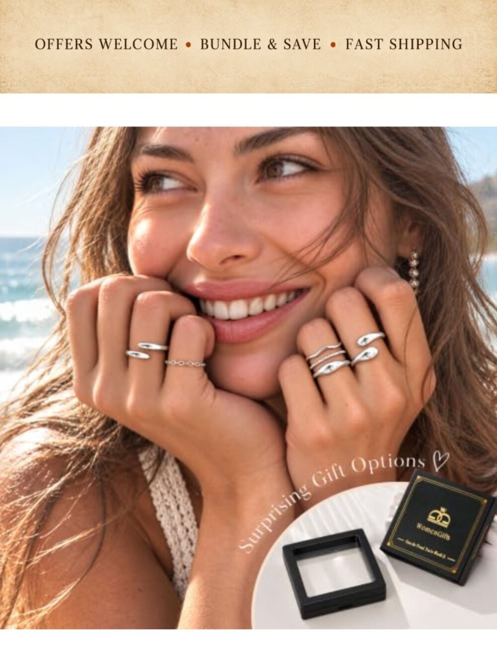 Chunky Stackable Open Ring Set Stainless Steel Silver Plated Adjustable Rings - Picture 6 of 6